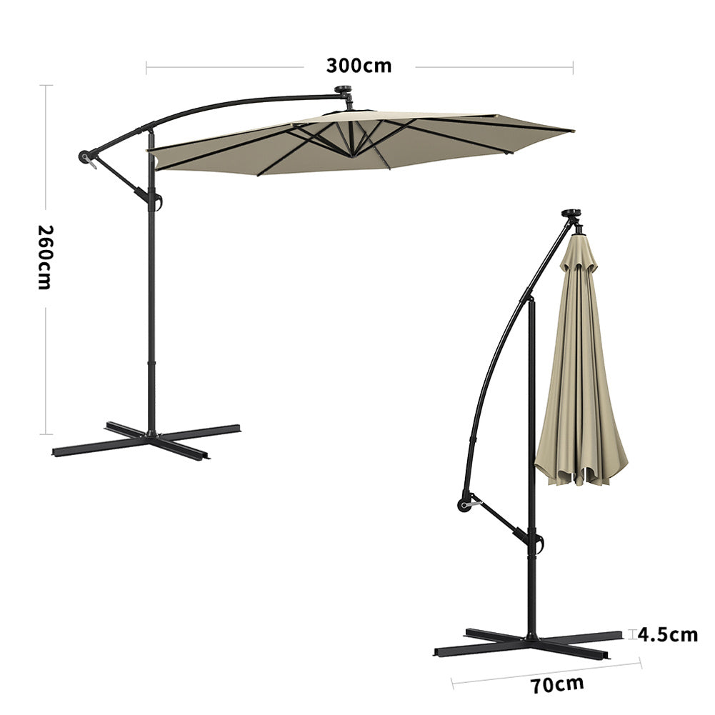3M Large Garden Hanging LED Parasol Cantilever Sun Shade Banana Umbrella with Cross Base, Beige