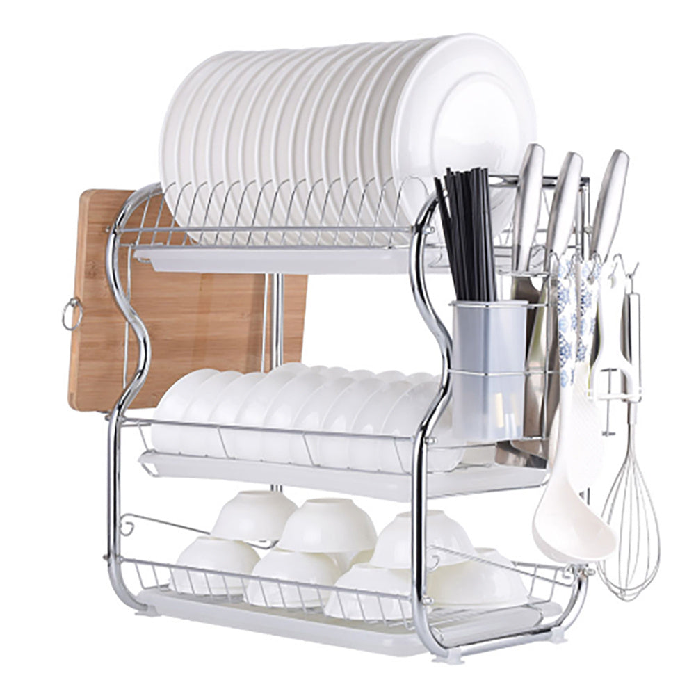 Kitchen Chrome Dish Drainer Cutlery Cup Plates Holder Sink Rack Drip Tray 3 Tier