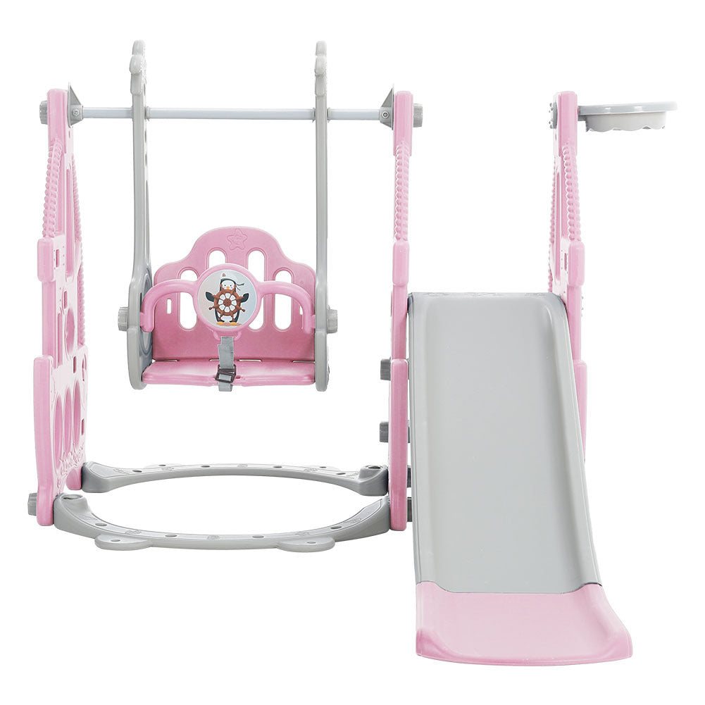 3 in 1 Kids Garden Climber Slide & Swing Set Basketball Hoop Children Playground Pink
