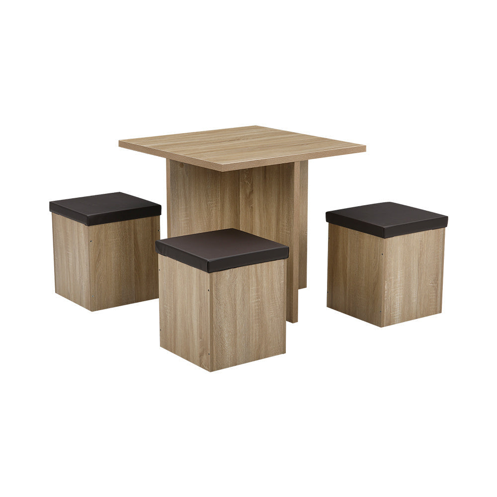 Wood Versatile Table and 4 Storage Stools Set,Natural And Brown