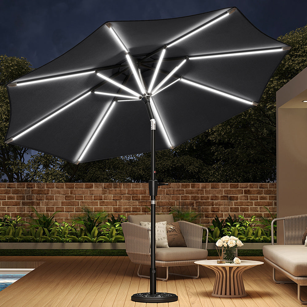 3M Large Garden LED Parasol Outdoor Beach Umbrella with Light Sun Shade Crank Tilt with 10KG Round Base, Gark Grey