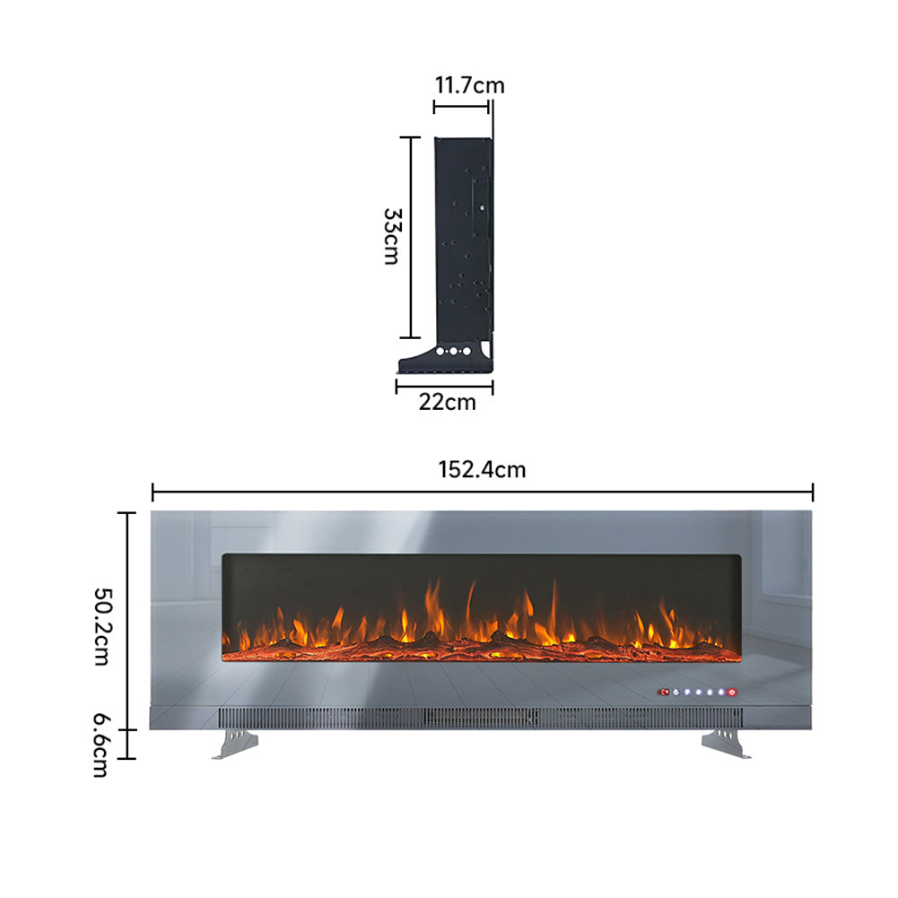 Grey 60 Inch Wall Mounted LED Electric Fireplace with 9 Flame Colours