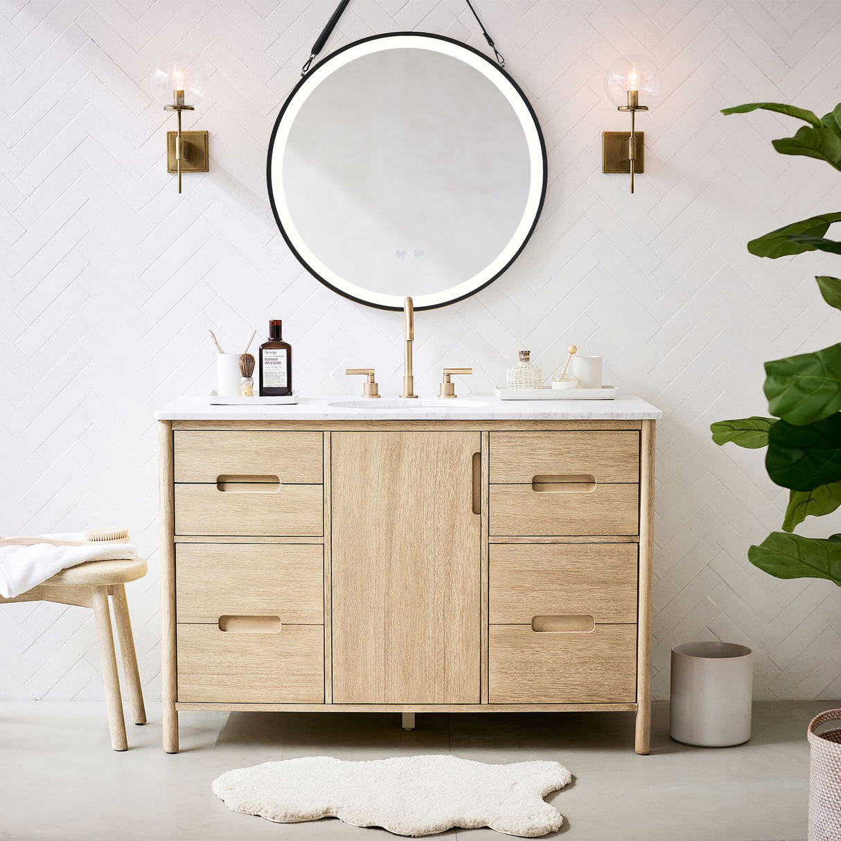 Black 60cm Round Metal LED Mirror with Hanging Strap