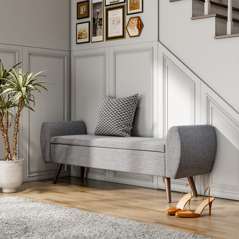 Linen Upholstered Storage Bench with Hidden Storage and Cushioned Seat