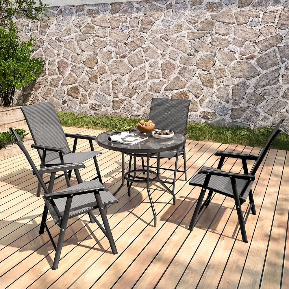 Set of 5 Garden Patio Glass Umbrella Round Table and Folding Chairs Set