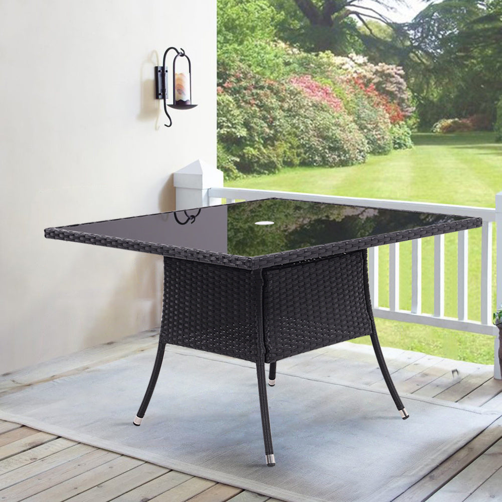 105CM Patio Garden Square Rattan Glass Table With Umbrella Hole Black