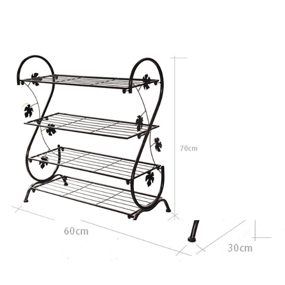 4 Tier Iron Shoe Rack Leaf Decoration, Black