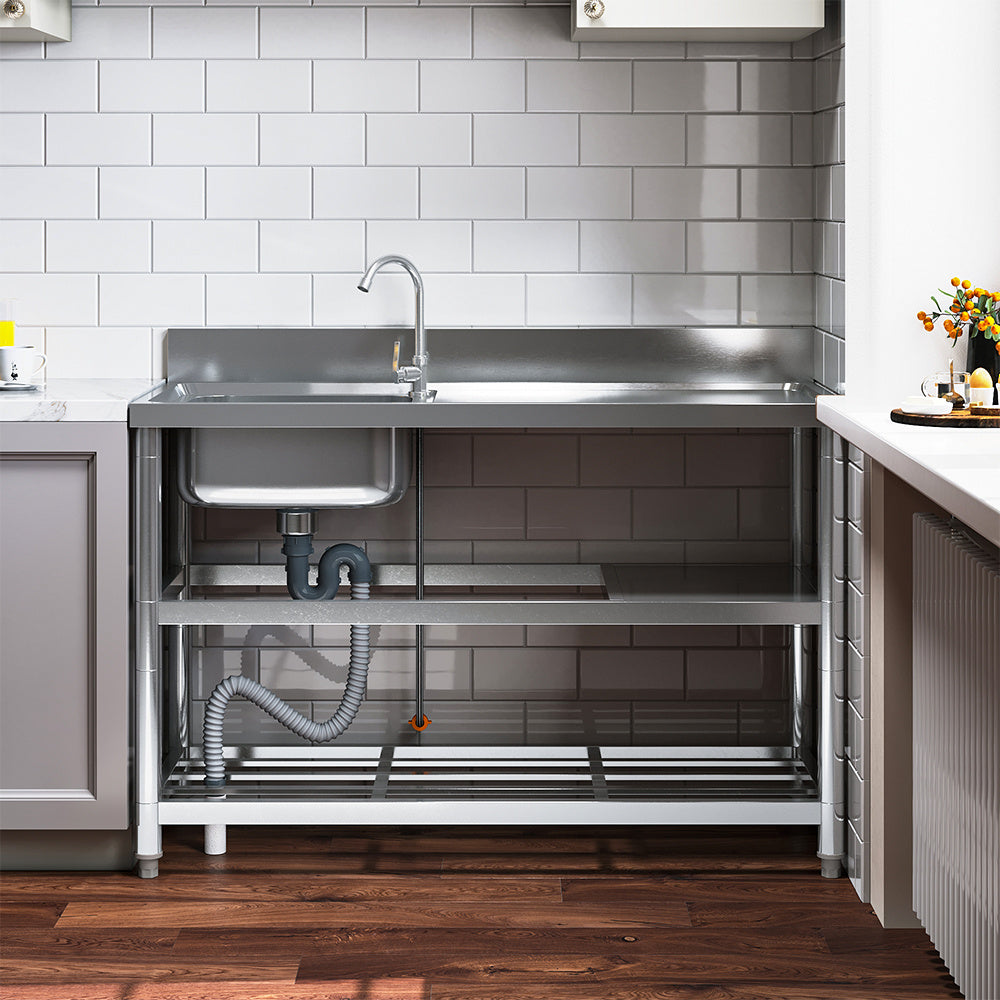 Silver 120cm W Stainless Steel Compartment Sink with Shelves
