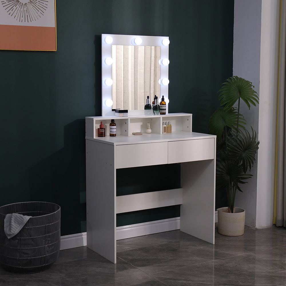 White Lighted Dressing Table with LED Mirror Drawers and Storage Compartments