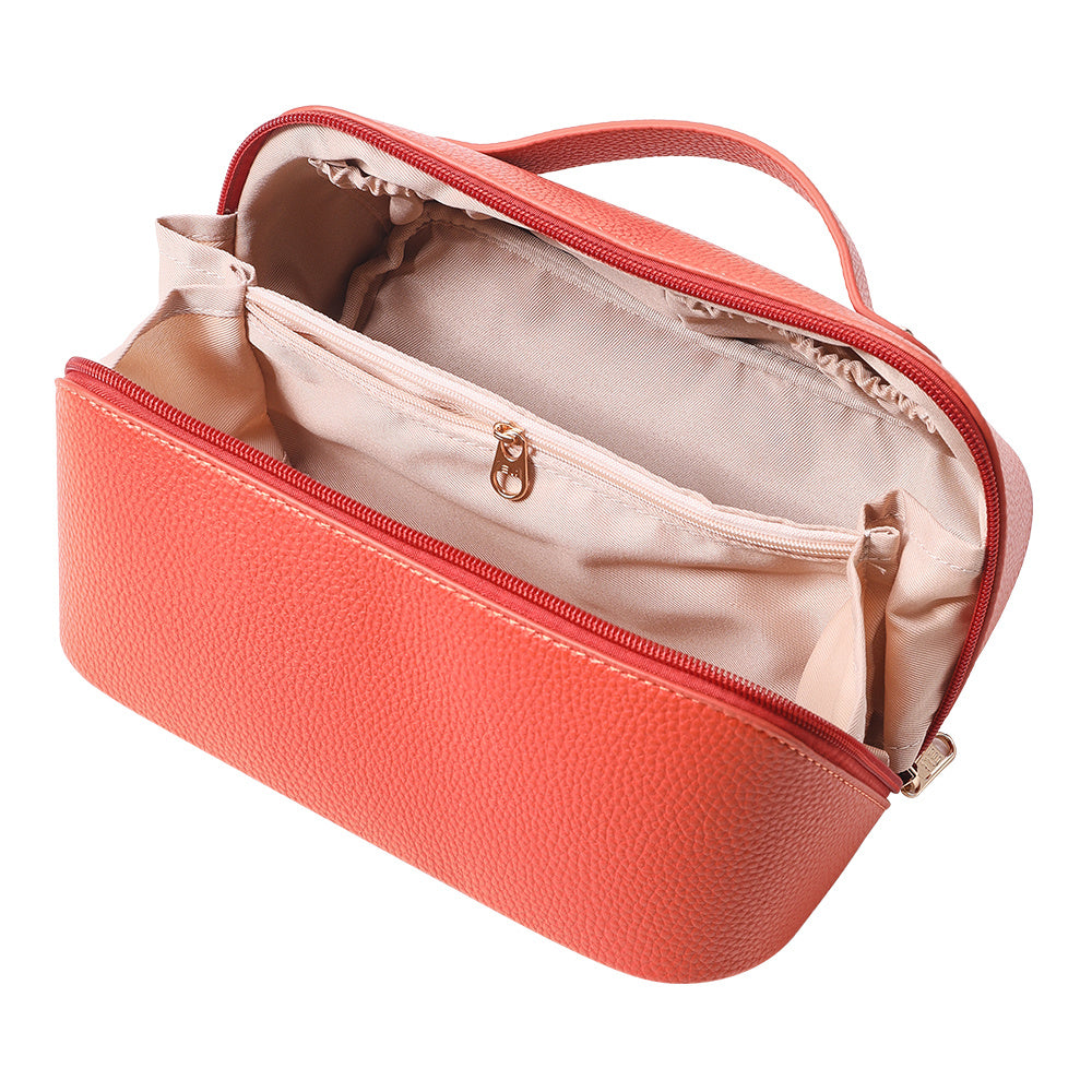 Orange Leather Portable Travel Toiletries Makeup Bag