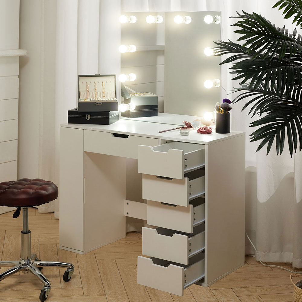White Hollywood Dressing Table with LED Lights Mirror 6 Drawers