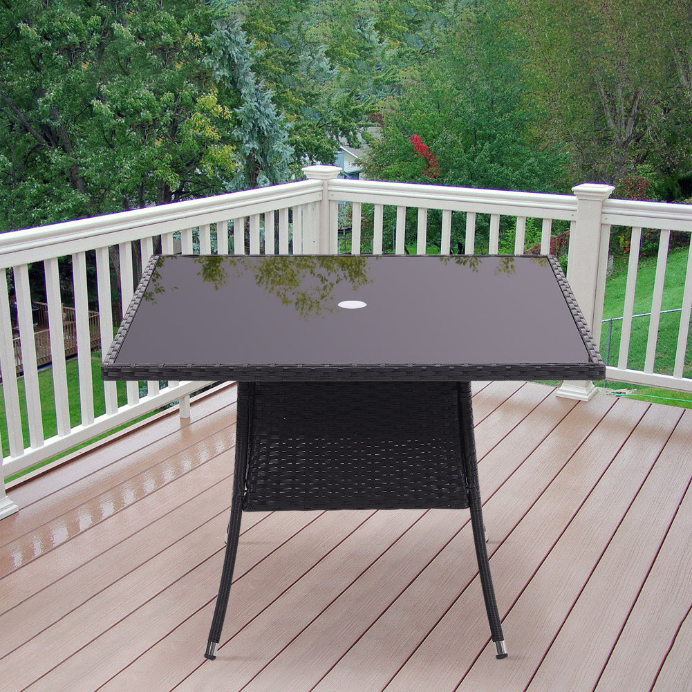 105CM Patio Garden Square Rattan Glass Table With Umbrella Hole Black