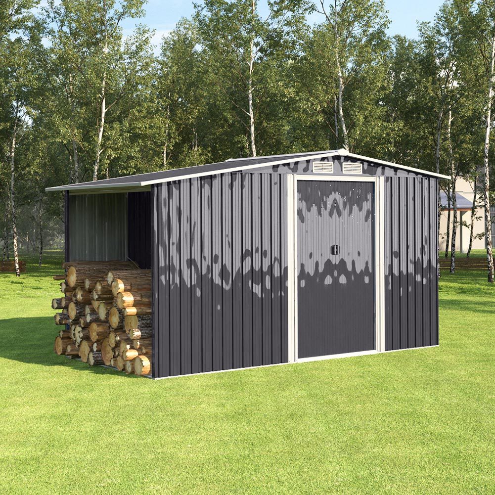 8ft x 6ft Metal Garden Tools Shed With Firewood Log Storage,Dark Grey