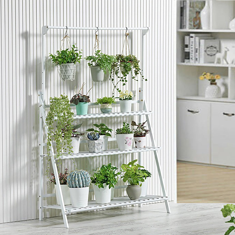 3 Tier Ladder Foldable Plant Stand with Hanging Bar, White