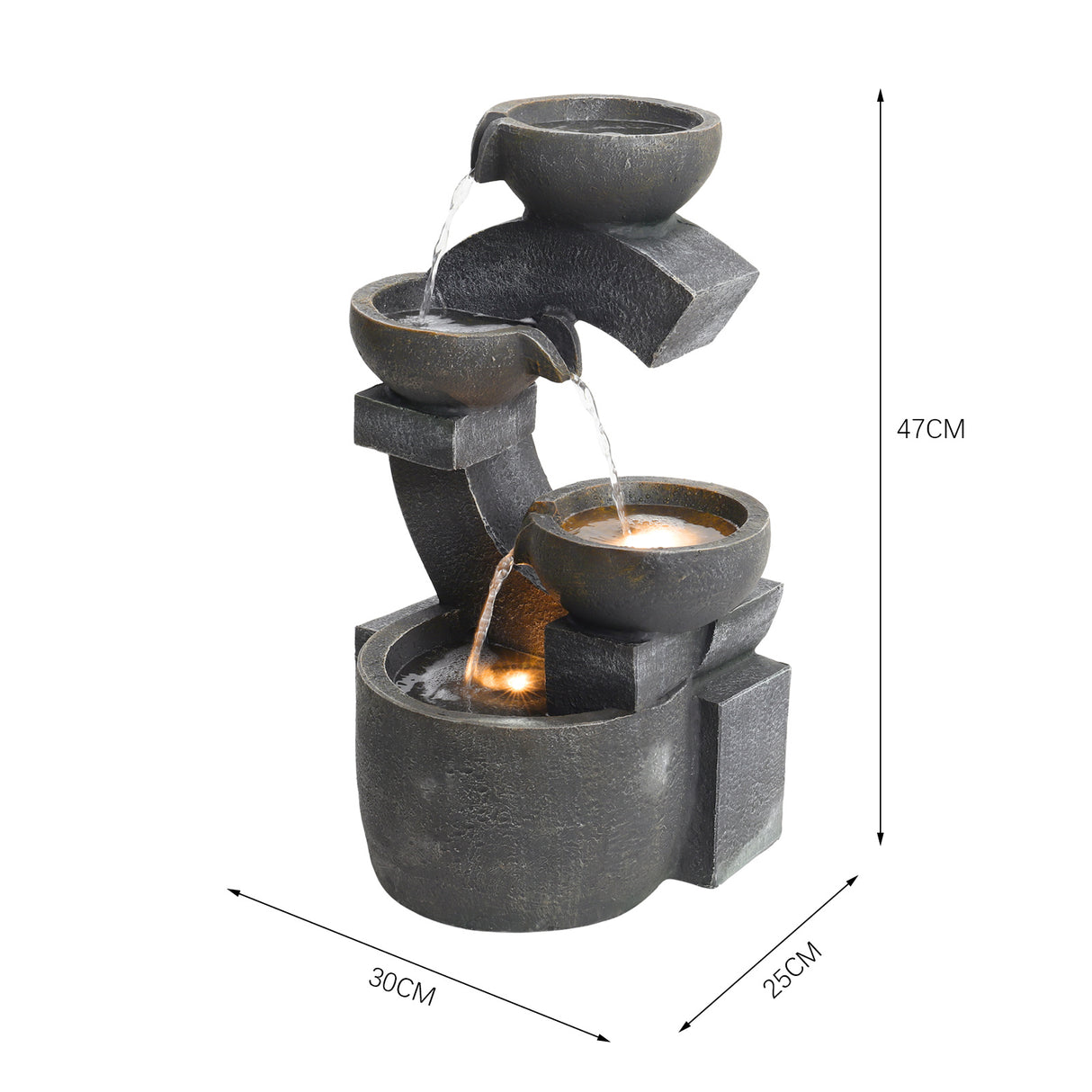 4 Tier Grey Bowl Cascading Electric Water Feature with LED Light