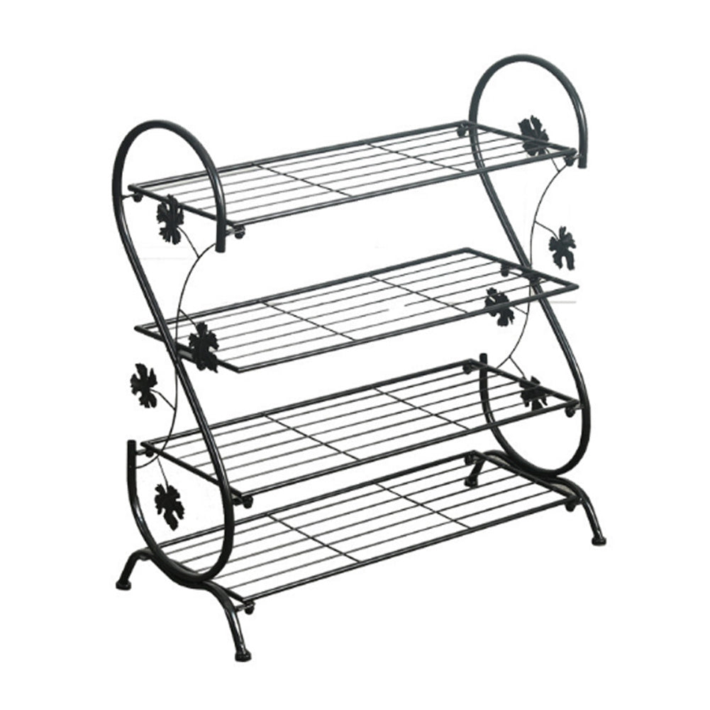 4 Tier Iron Shoe Rack Leaf Decoration, Black