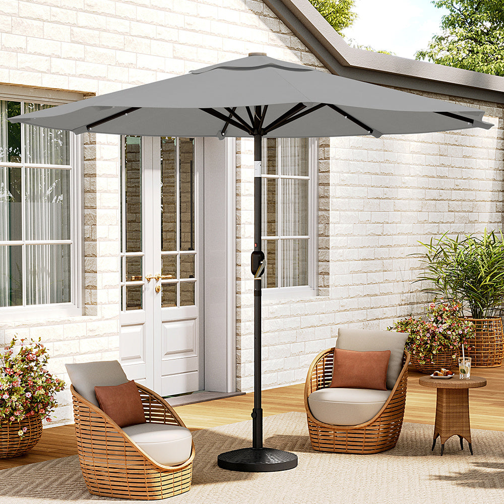 3M Large Garden LED Parasol Outdoor Beach Umbrella with Light Sun Shade Crank Tilt with 14KG Round Base, Light Grey