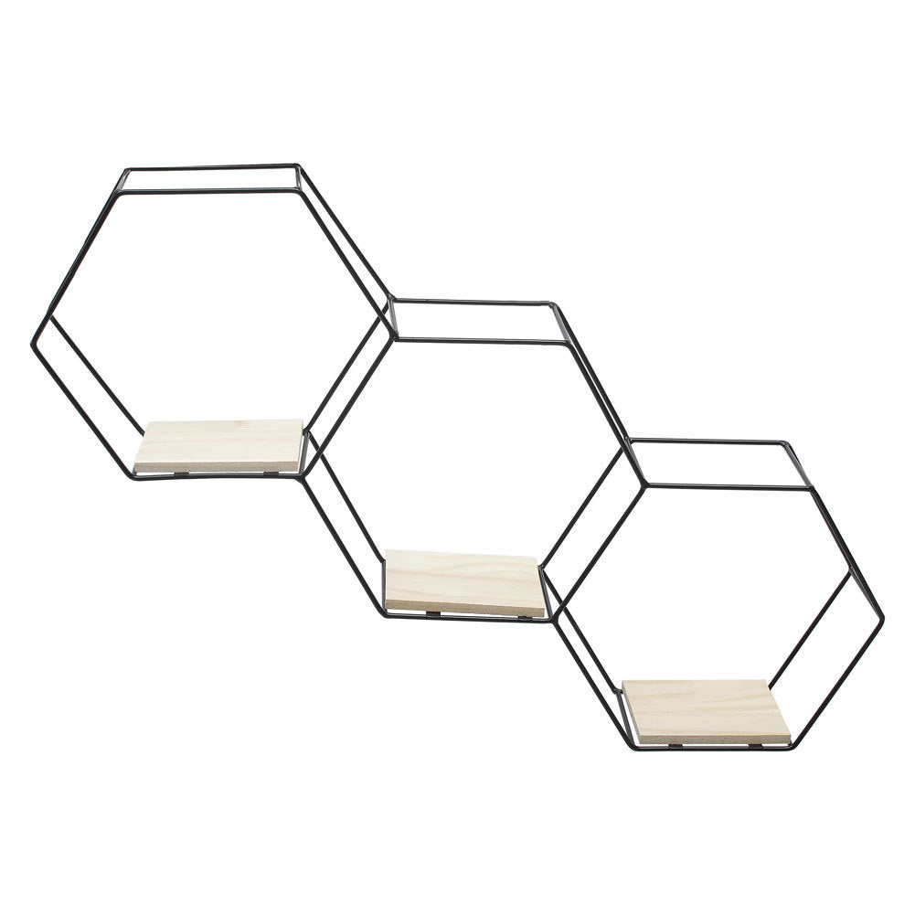 3 Tier Hexagonal Wall Shelf Iron Wood Modern Storage Decorative