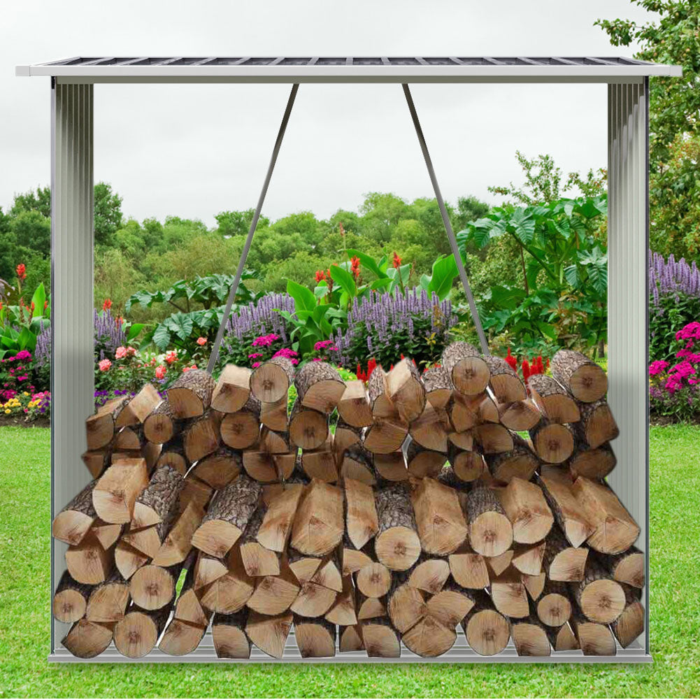 Garden Outdoor Grey Metal Firewood Log Storage Shed