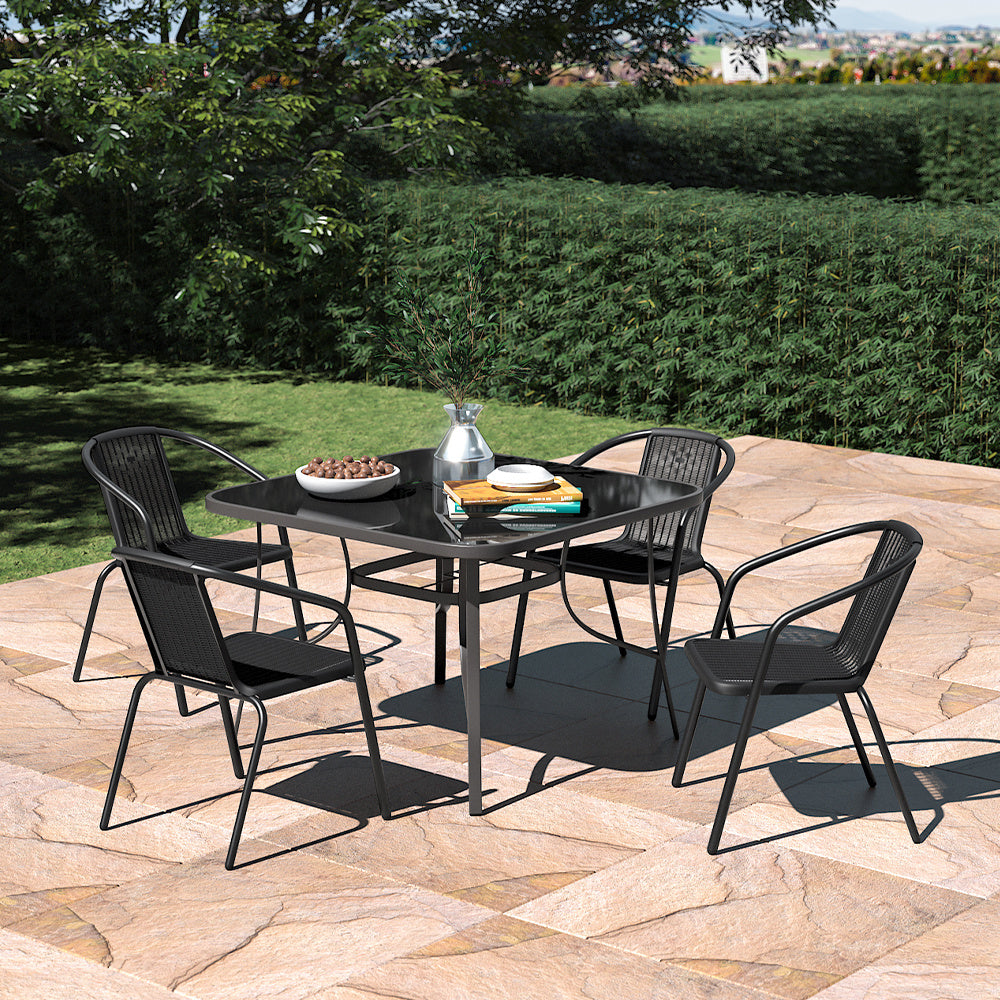 Set of 5 Garden 105CM Patio Glass Umbrella Table and Stackable Chairs Set