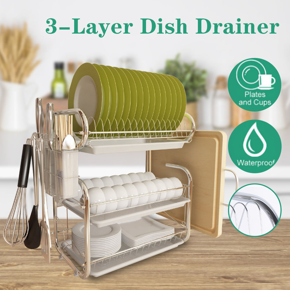 3 Tier Chrome Dish Drying Rack Cutlery Cups Holder with Drip Tray