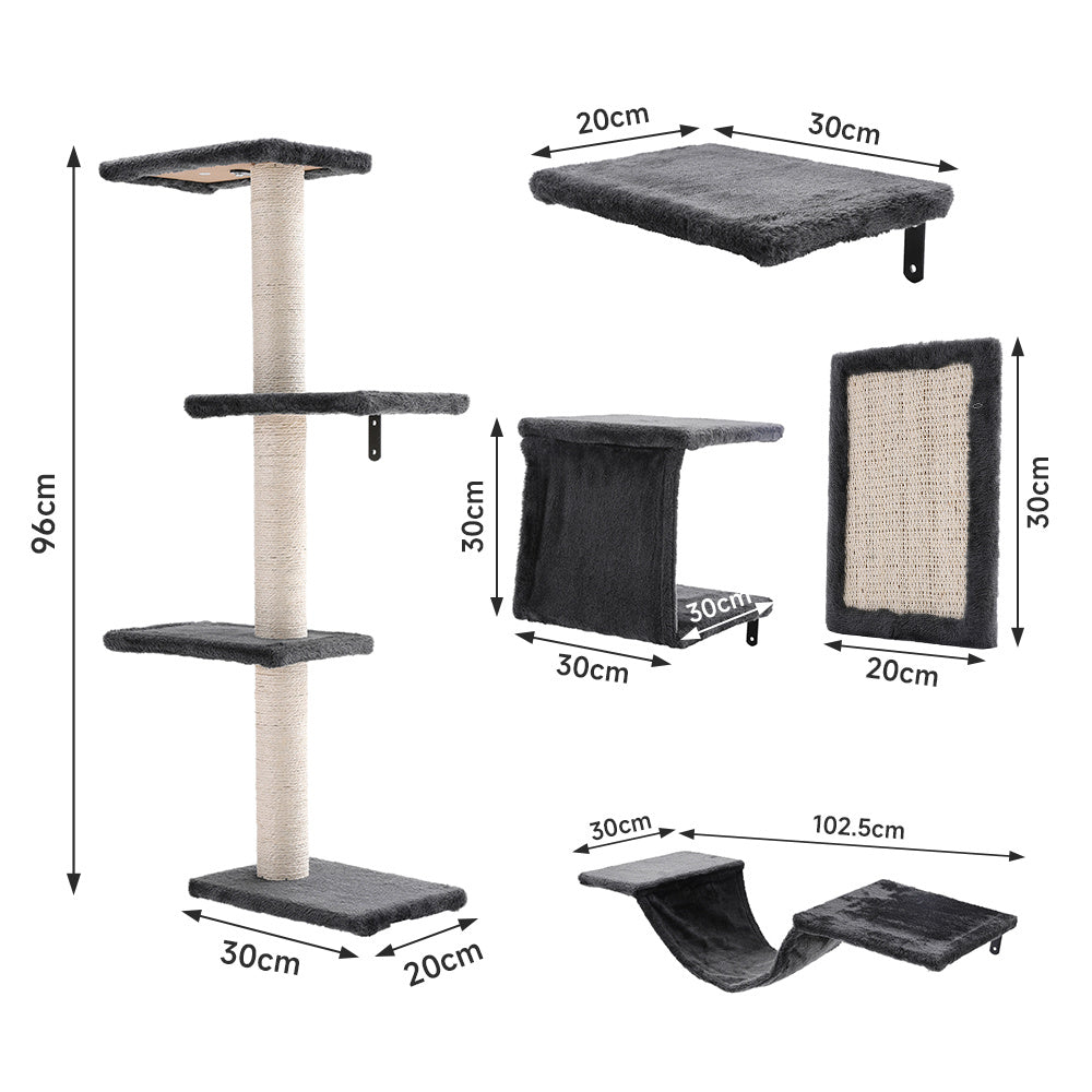 Grey Cat Tree Set with Hammock and Jumping Platform