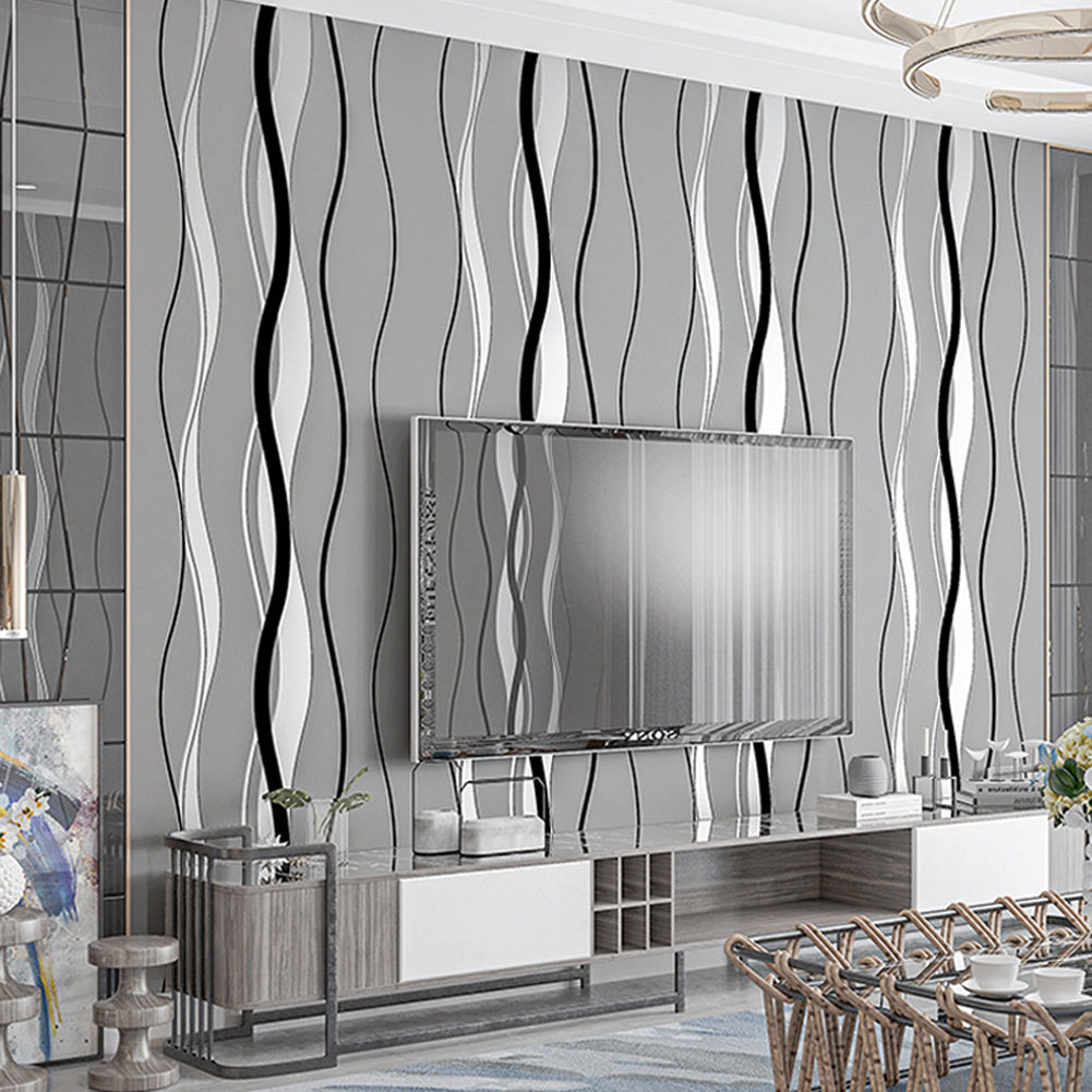 Dark Grey Modern Curve Striped Non Woven Wallpaper