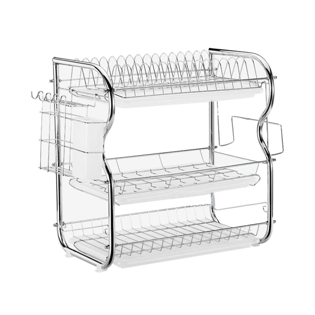 Kitchen Chrome Dish Drainer Cutlery Cup Plates Holder Sink Rack Drip Tray 3 Tier