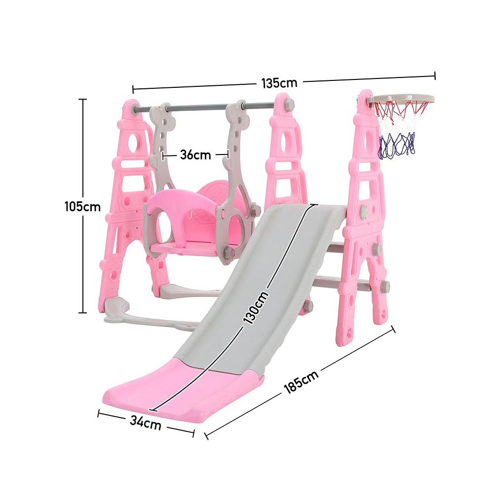 Kids Swing Slide and Basketball Hoop 3 in 1 Play Game Center,Pink