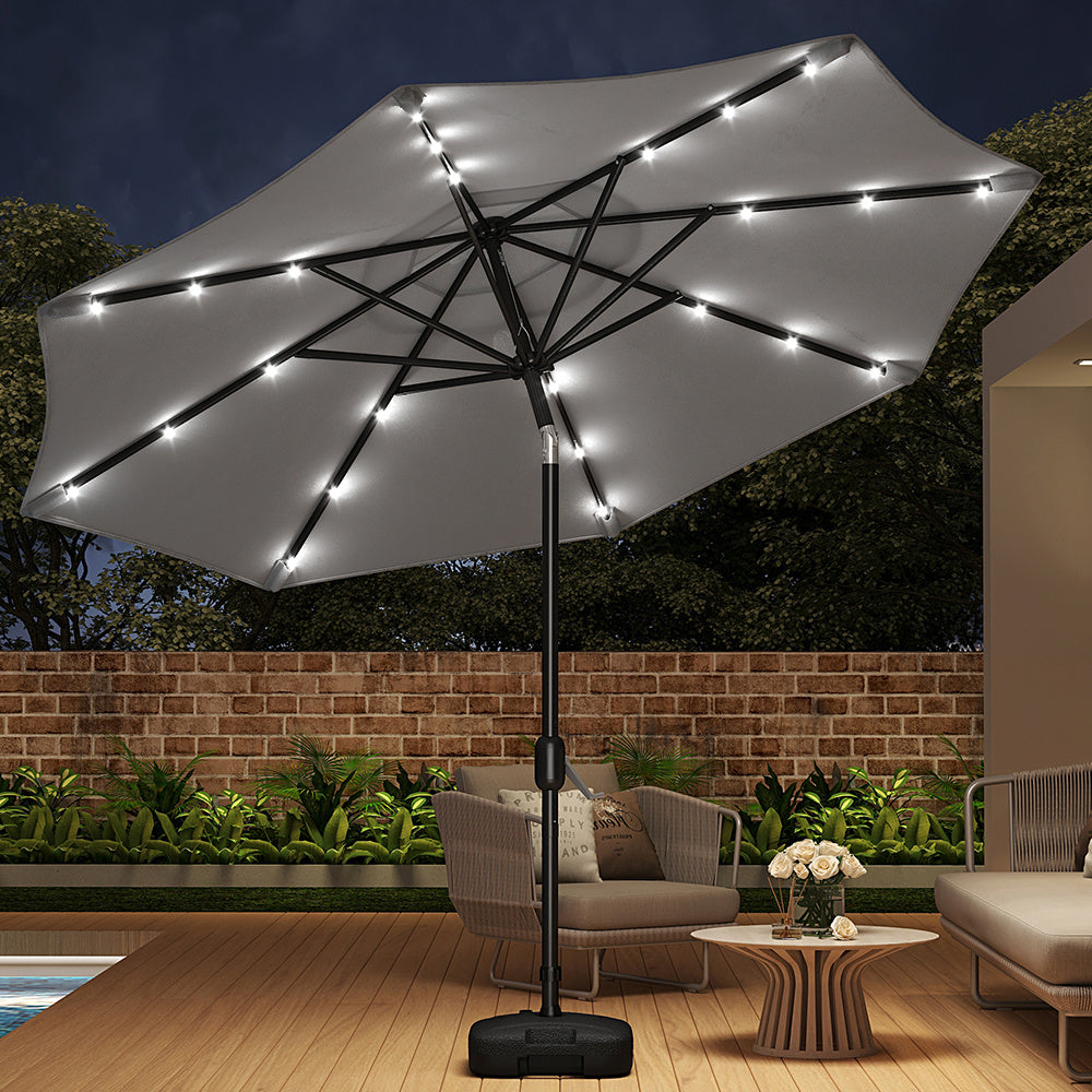 3M Large Garden LED Parasol Outdoor Beach Umbrella with Light Sun Shade Crank Tilt with Square Base, Light Grey