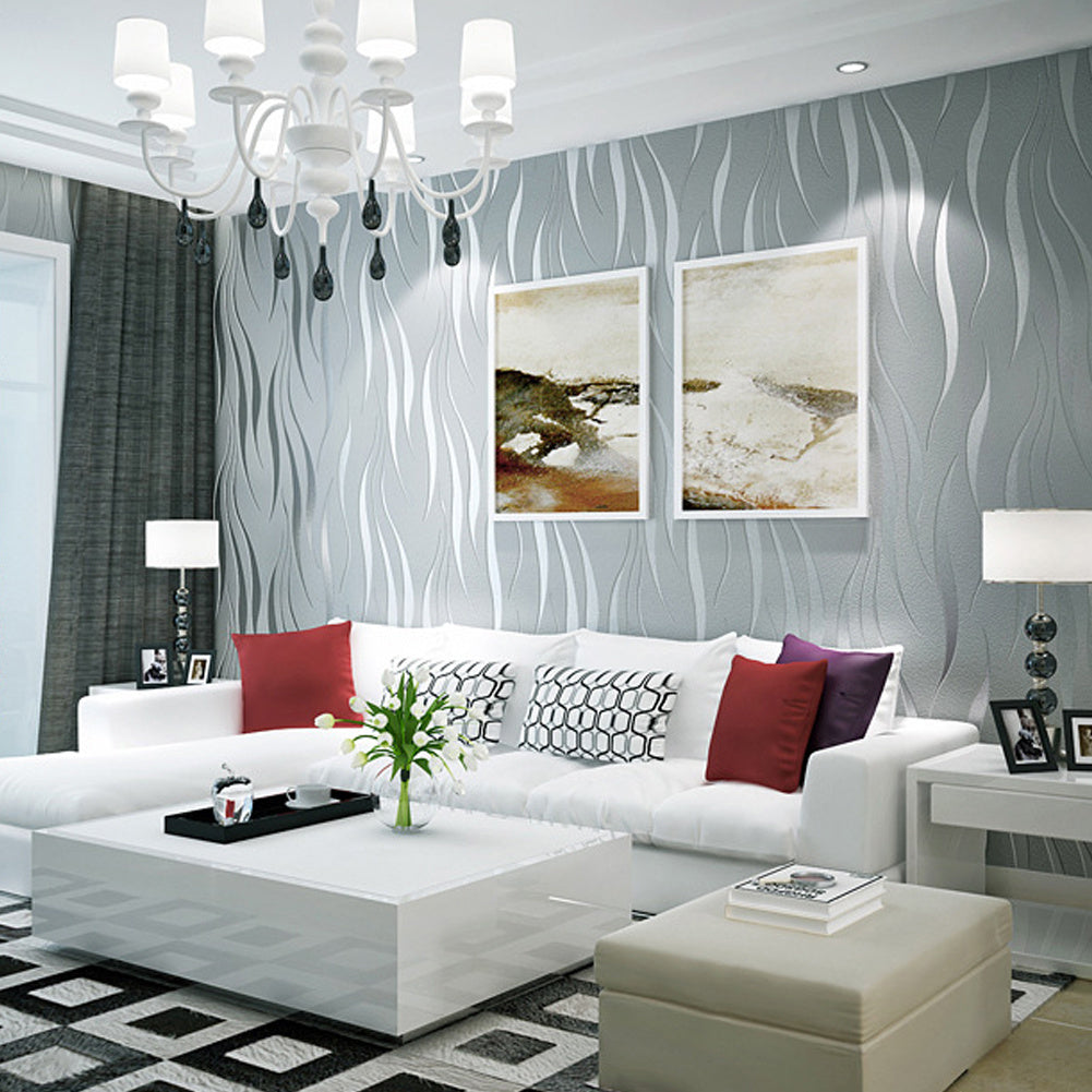 Modern Silver 3D Wave Stripe Non woven Embossed Flocking Wallpaper Roll, Silver Grey
