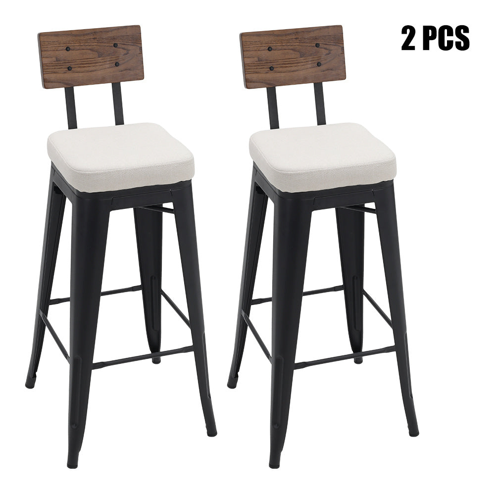 2Pcs Metal Breakfast Bar Stools with Cushions and Backrest,White