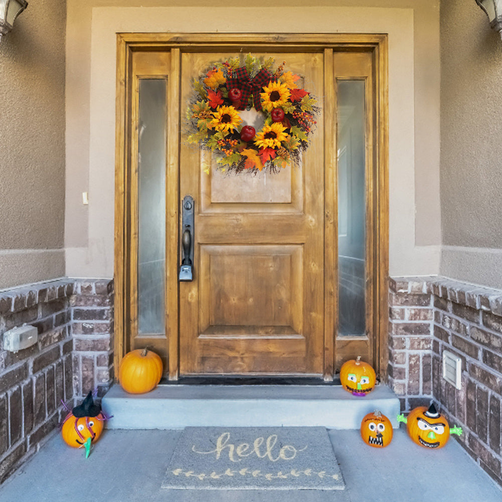 Christmas Halloween Artificial Maple Wreath Rattan with LED Light, Sunflower 45CM