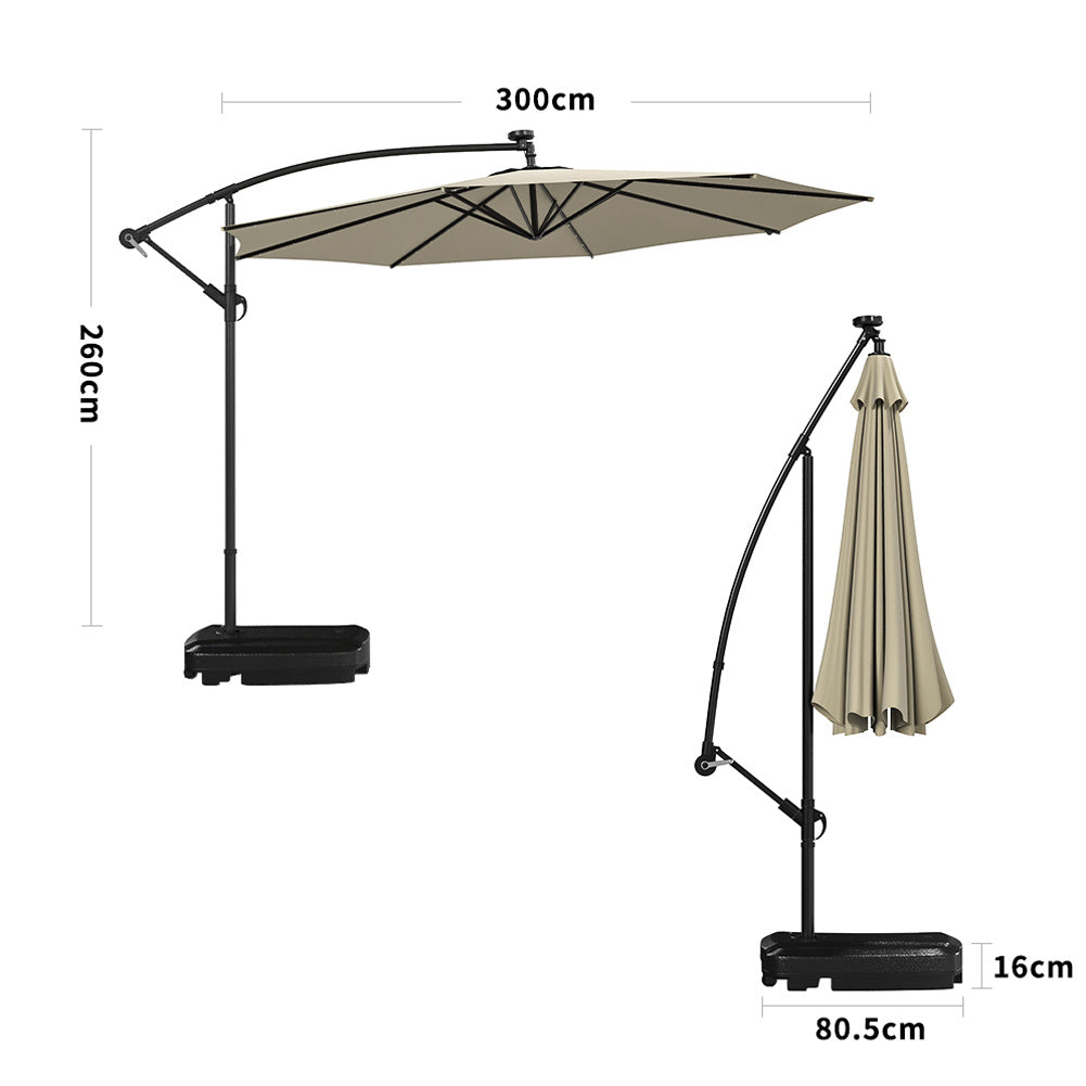 3M Large Garden Hanging LED Parasol Cantilever Sun Shade Banana Umbrella with Rectangular Base, Beige