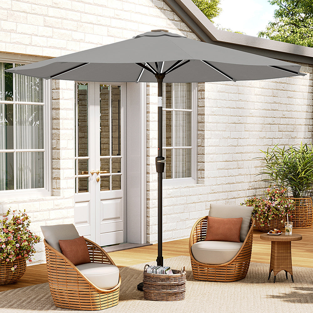 3M Light Grey Large Garden LED Parasol Outdoor Beach Umbrella with Light Sun Shade Crank Tilt No Base