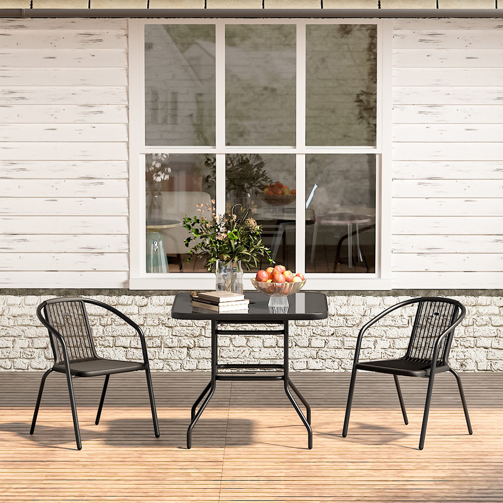 Set of 3 Garden Patio Glass Umbrella Square Table and Stackable Chairs Set