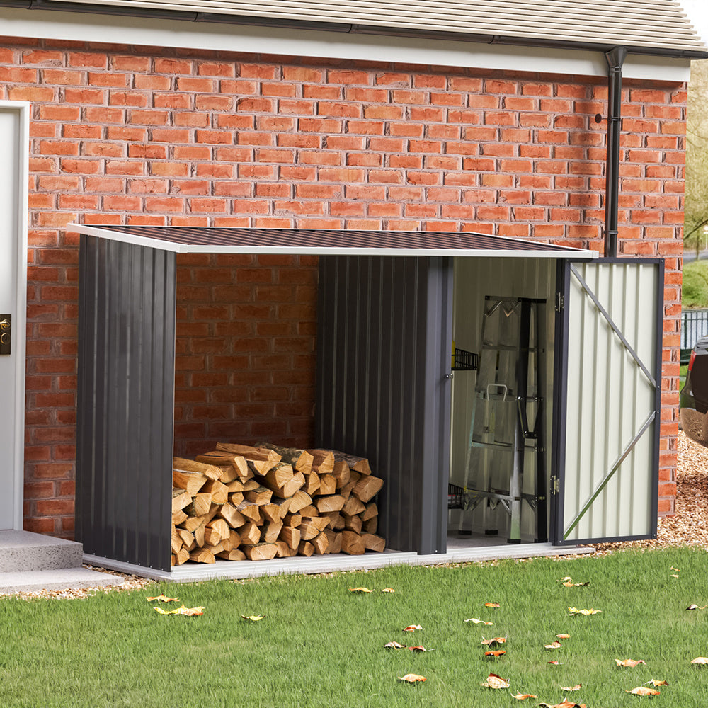 Steel Outdoor Garden Storage Shed with Log Stacking Rack Charcoal Black