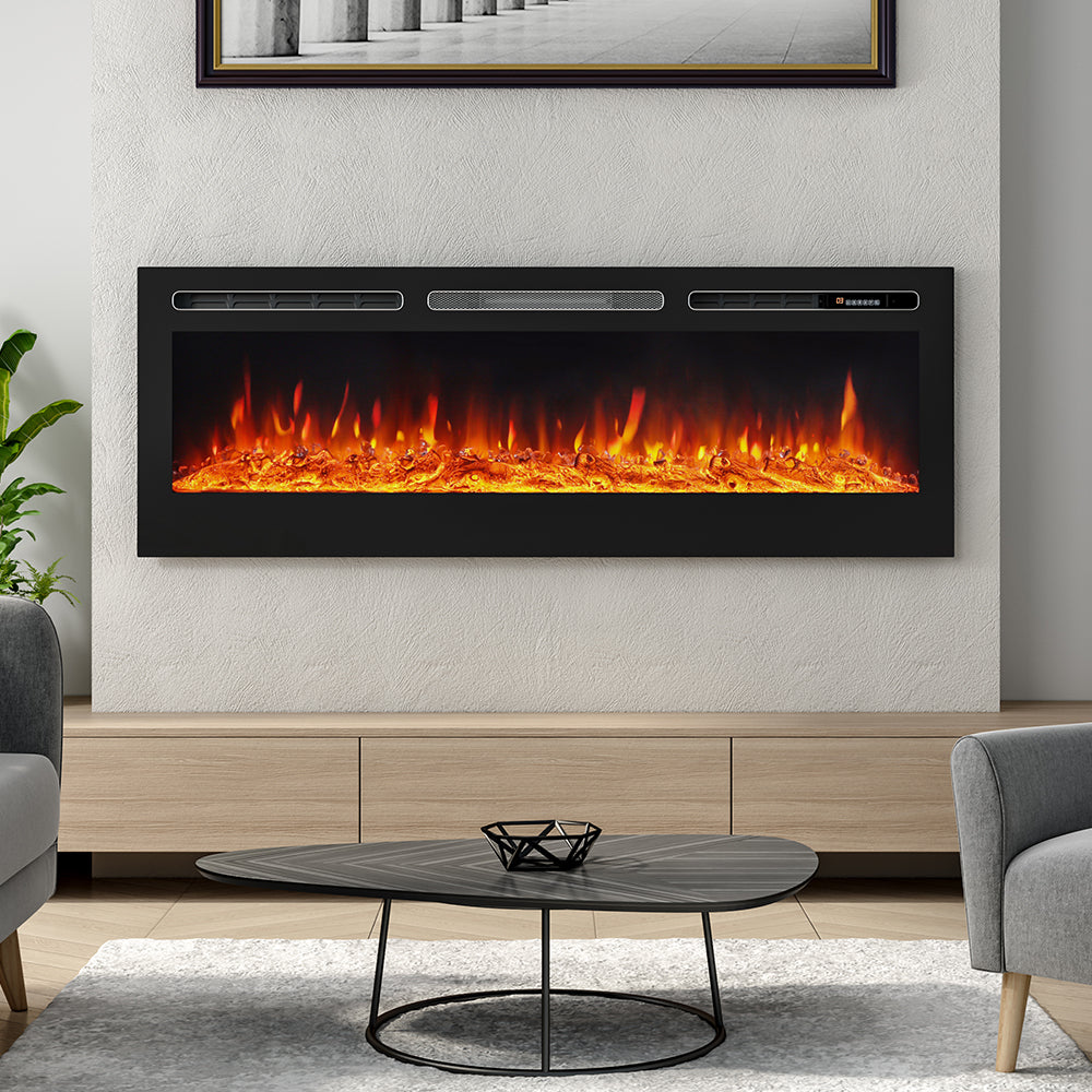 LED Electric Wall Mounted Fireplace Recessed Fire Heater 12 Flames With Remote, Black 40inch