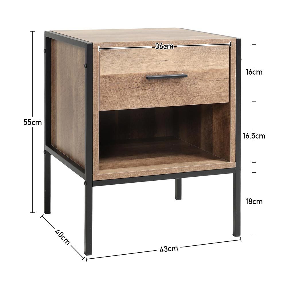 Industrial Bedside Table Nightstand with Drawer Open Shelf