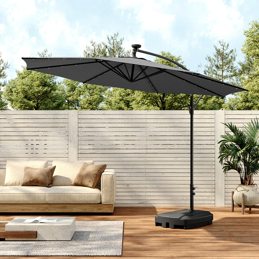 3M Large Garden Hanging LED Parasol Cantilever Sun Shade Banana Umbrella with Rectangular Base, Dark Grey