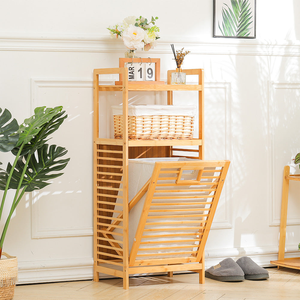 Bamboo Laundry Hamper with Shelves Large Capacity Removable Bag