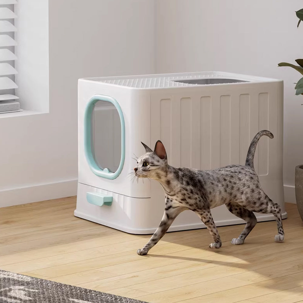 Blue Enclosed Folding Cat Litter Box Toilet with Scoop