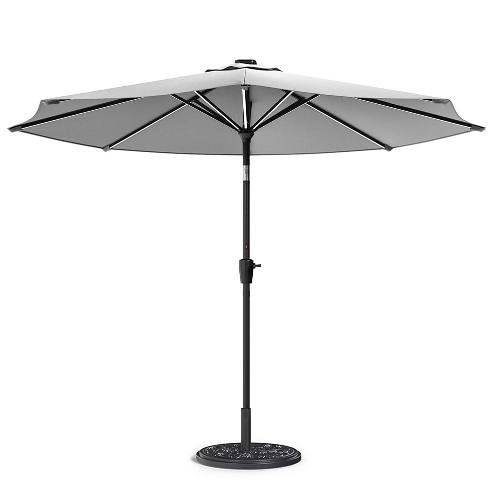3M Light Grey Large Garden LED Parasol Outdoor Beach Umbrella with Light Sun Shade Crank Tilt with 10KG Round Base