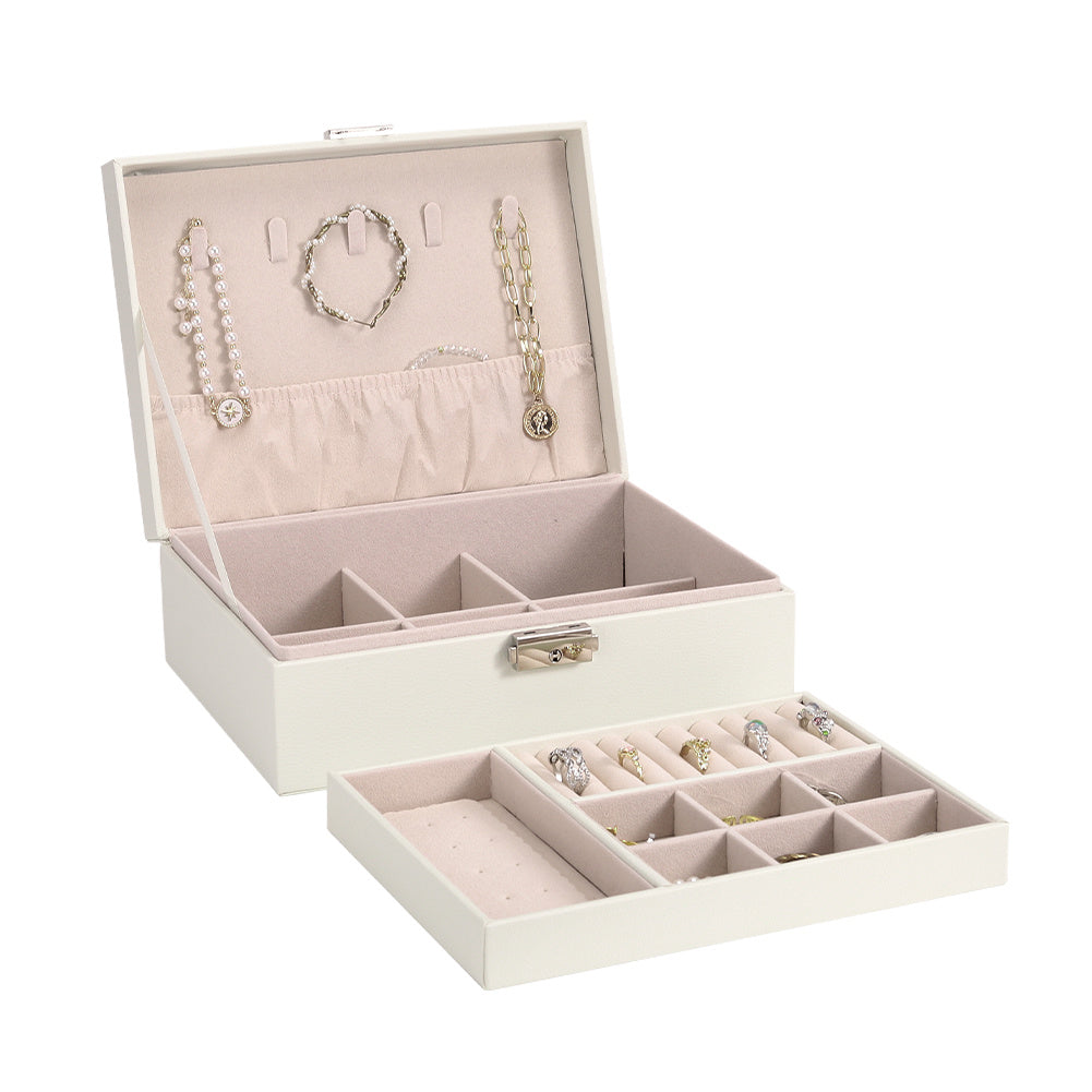 White 2 Tier PU Leather Jewelry Box with Lock