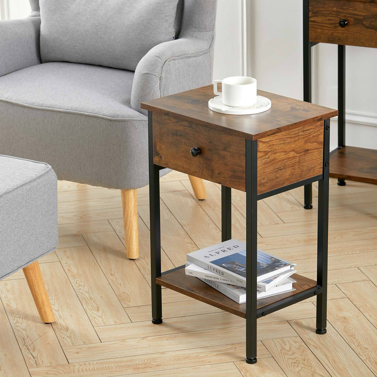 40cm Industrial Rustic Wood Look Side Table with Storage Drawer