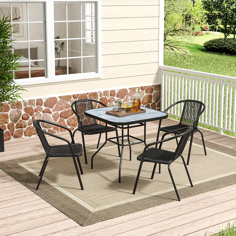 Square Garden Tempered Glass Wood Grain Coffee Table with Four chairs