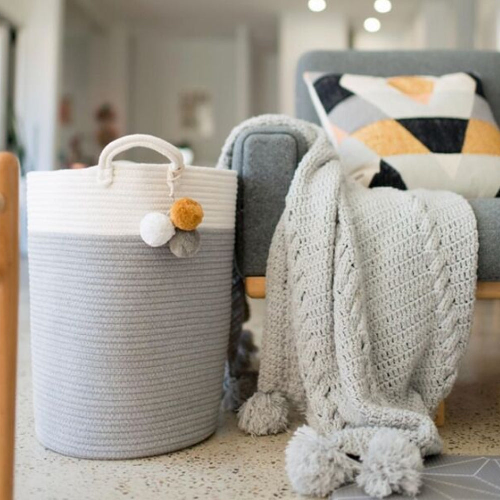 Large Cotton Rope Laundry Basket with Handle and Pompom