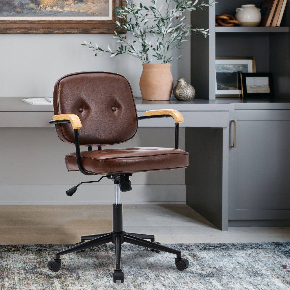 Brown Leather Office Chair with Wood Armrests