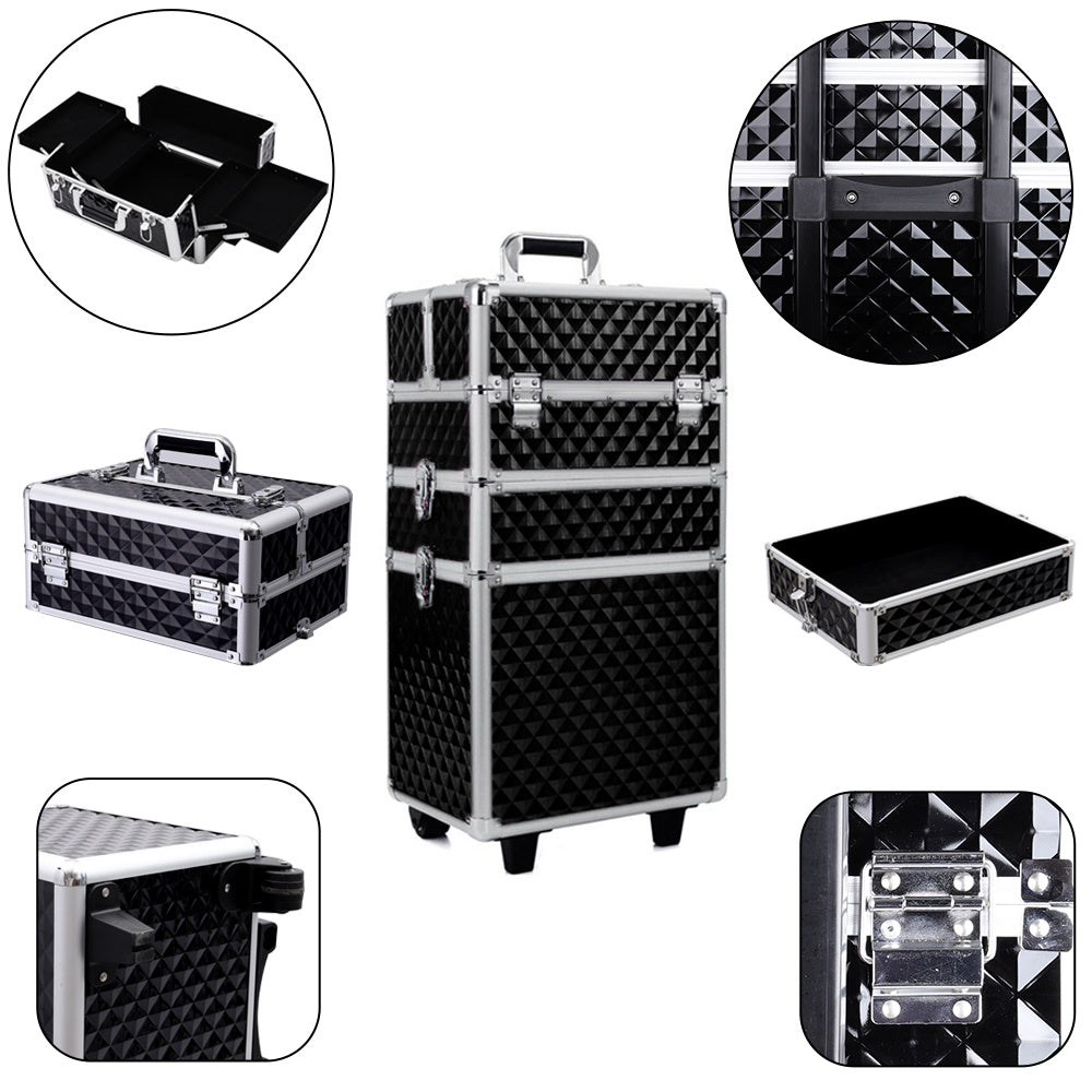 Black 3 in 1 Diamond Pattern Cosmetic Makeup Train Case