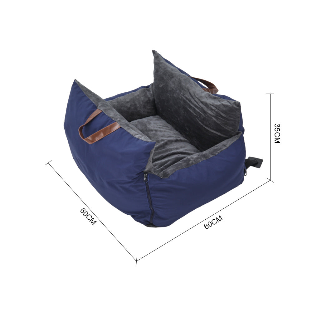 Plush Pet Car Seat Bed with Handle and Adjustable Strap, Blue
